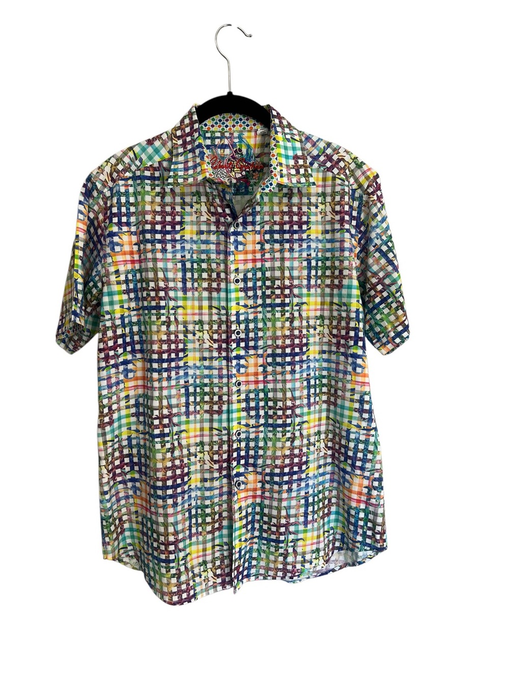 Robert Graham abstract grid print colorful short sleeve button down shirt M